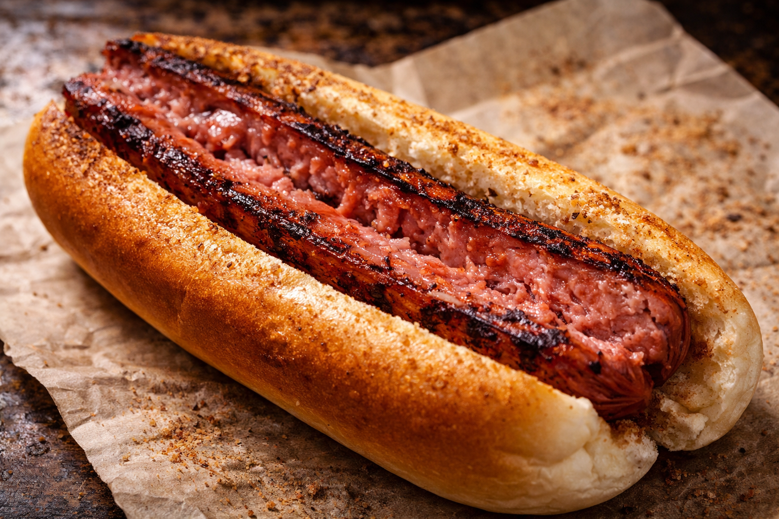 A perfectly seared, butterflied hot dog in a toasted bun — the Proper Dogs signature